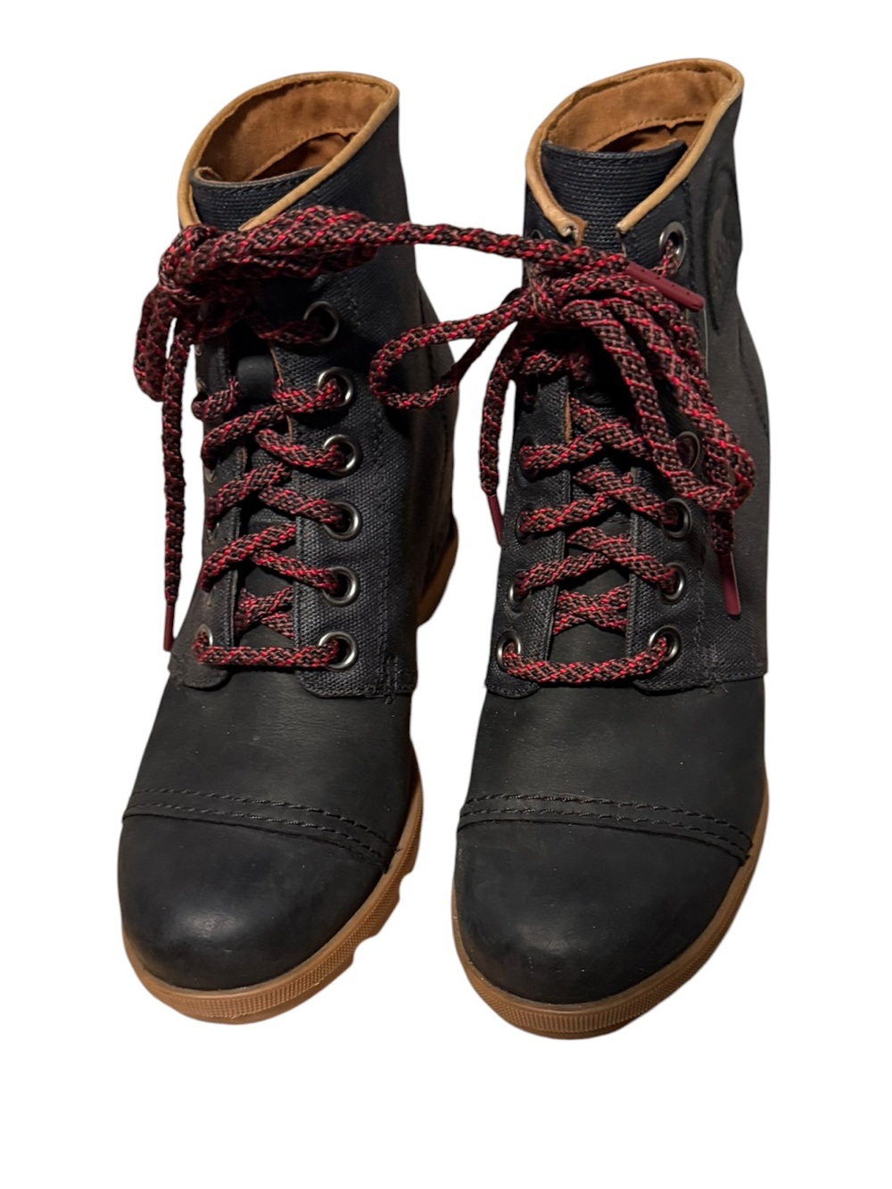 Sorel Black Lace-Up Ankle Boots with Red-Patterned Laces